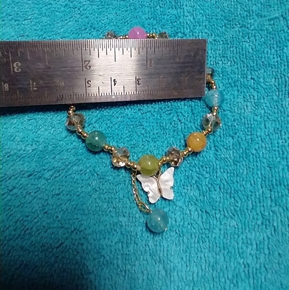 Goldtone multicolor white butterfly beaded stretch bracelet - Picture 3 of 3